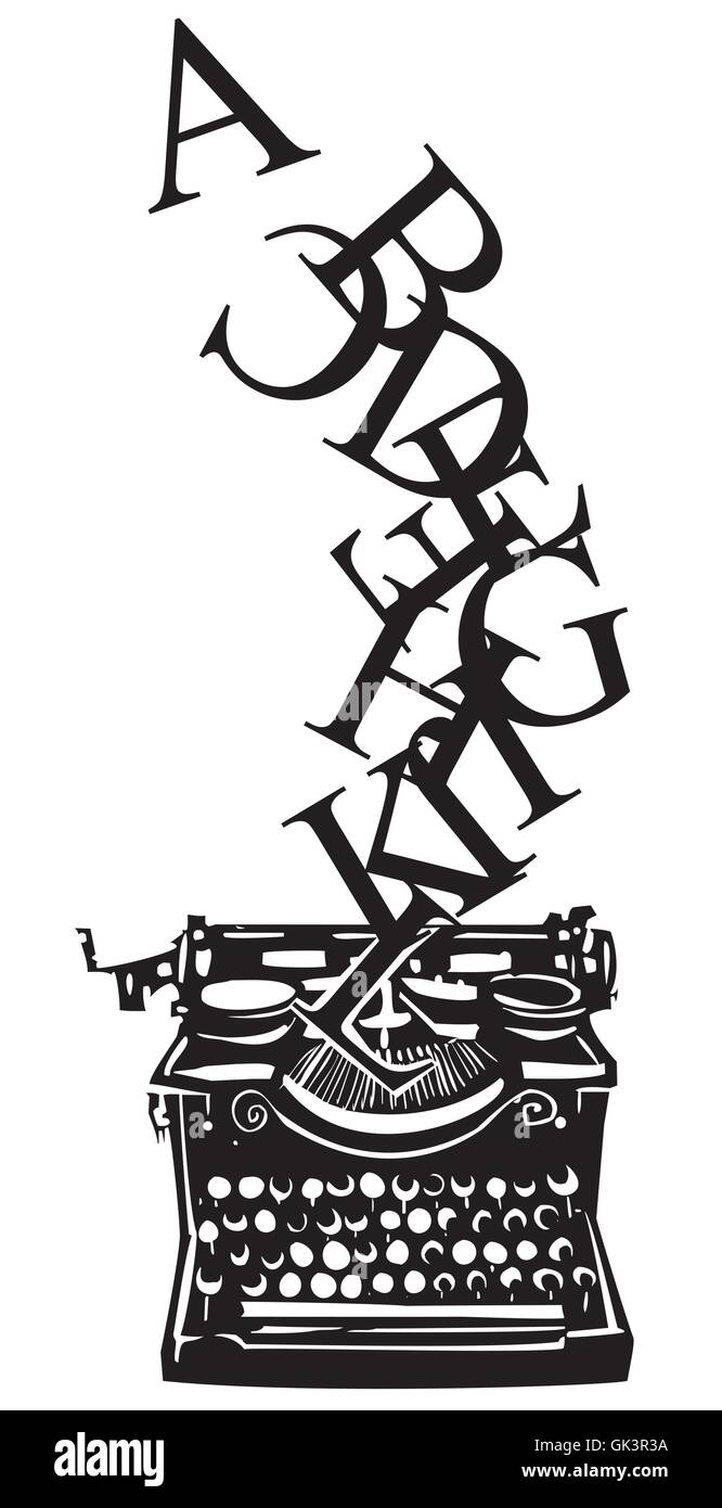Holzschnitt-Stil Bild von einer mechanischen Schreibmaschine mit Buchstaben taumeln aus ihm heraus. Stock Vektor