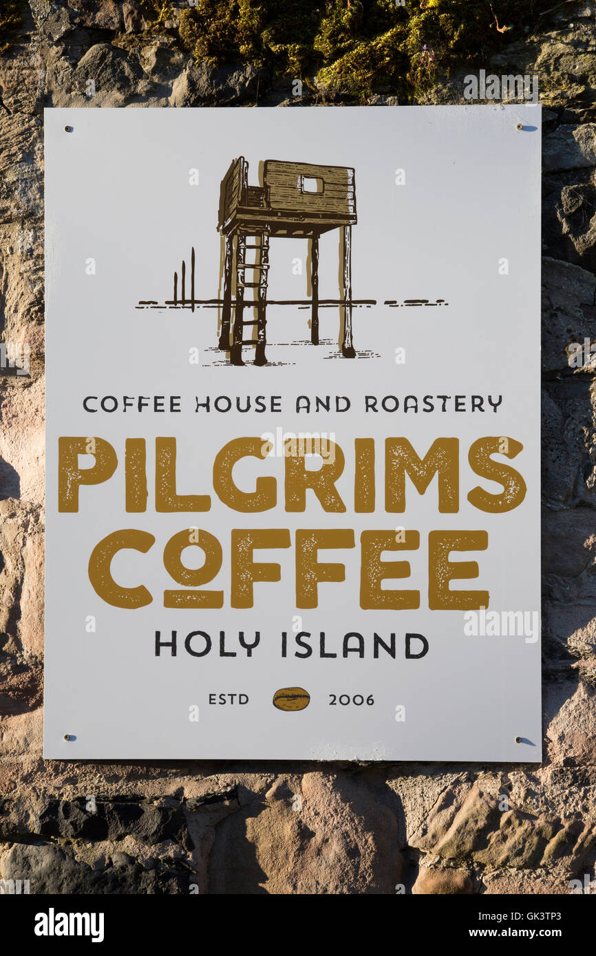 Pligrims Kaffee Cafe Zeichen, heilige Insel Lindisfarne; Northumberland; England; UK Stockfoto