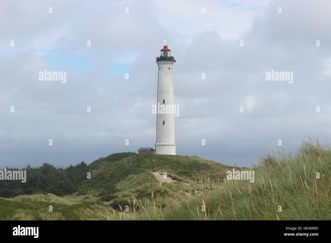 Der Leuchtturm Lyngvig Fyr an der Westküste Dänemarks, Nordjütland, nahe der Stadt Hvide Sande. Skandinavien, Europa. Stockfoto