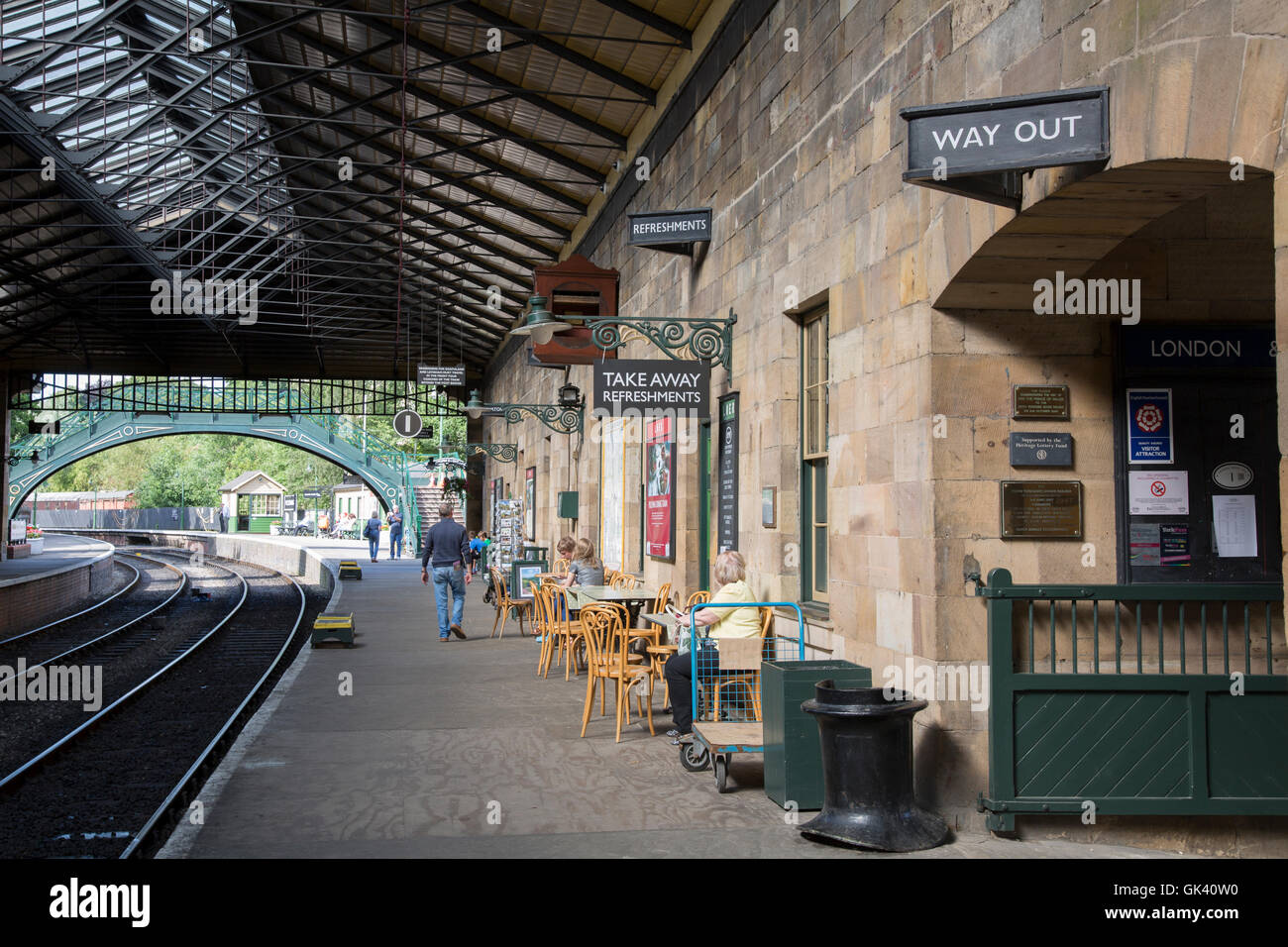 Pickering Railway Station Zeichen, Yorkshire, England, UK Stockfoto