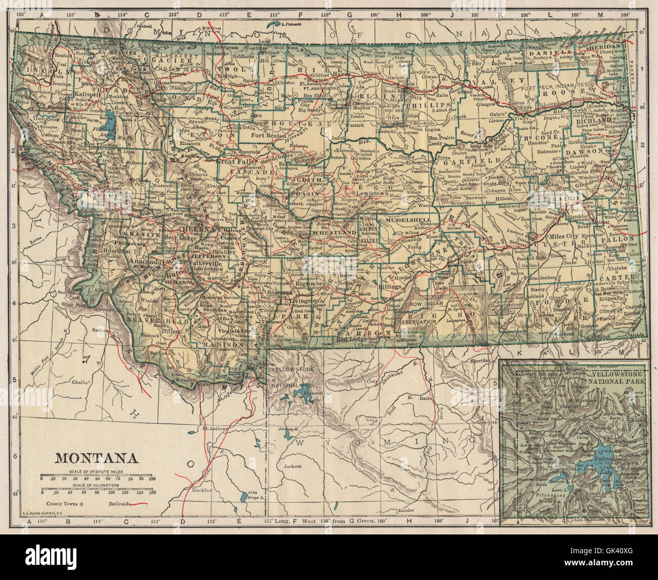 Montana (Einpresstiefe Yellowstone-Nationalpark) Stand Karte mit Eisenbahnen. POATES 1925 Stockfoto