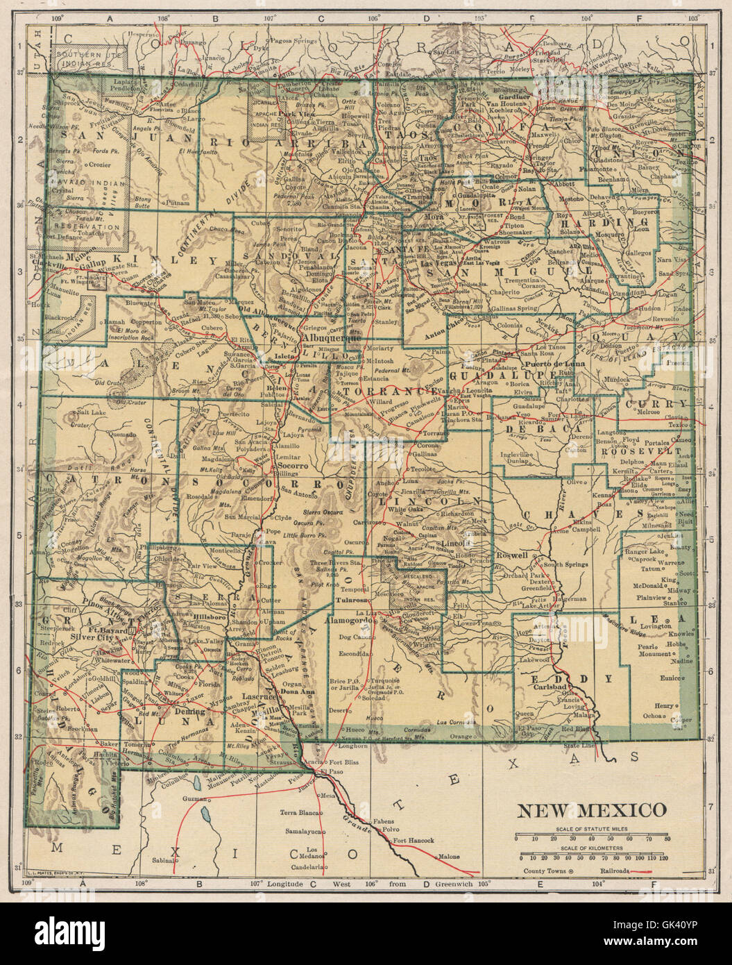 New Mexico State Karte mit Eisenbahnen. POATES, 1925 Stockfoto