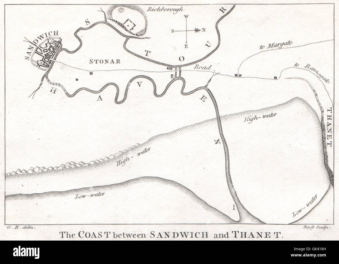 SANDWICH, KENT. "Die Küste zwischen Sandwich und Thanet". GOSTLING, 1825-Karte Stockfoto