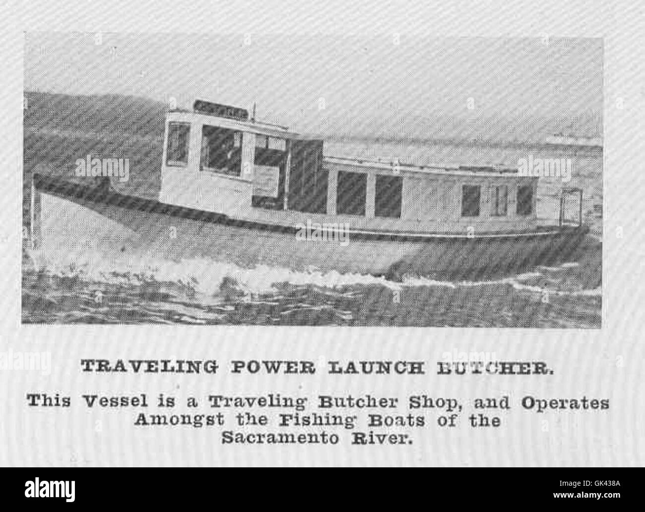 Der Traveling Power Launch Butcher ist ein einzigartiges Schiff, das als mobile Metzgerei fungiert und die Fischerboote in der Region Sacramento bedient. Dieses Schiff erbringt der Fischereiflotte die erforderlichen Dienste. Stockfoto