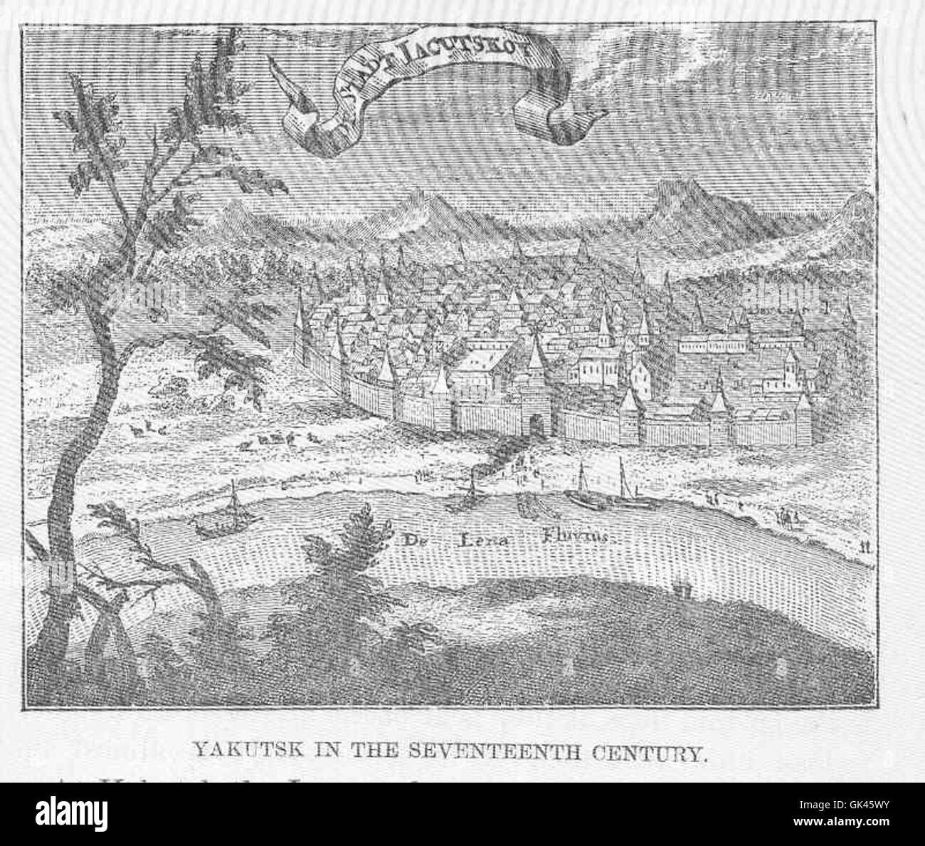 Jakutsk war im 17. Jahrhundert ein wichtiges Handels- und Forschungszentrum in Sibirien. Die Stadt, gegründet in den frühen 1600er Jahren, spielte eine entscheidende Rolle bei der russischen Expansion in den Fernen Osten und der Entwicklung regionaler Siedlungen und Handelsnetze. Stockfoto