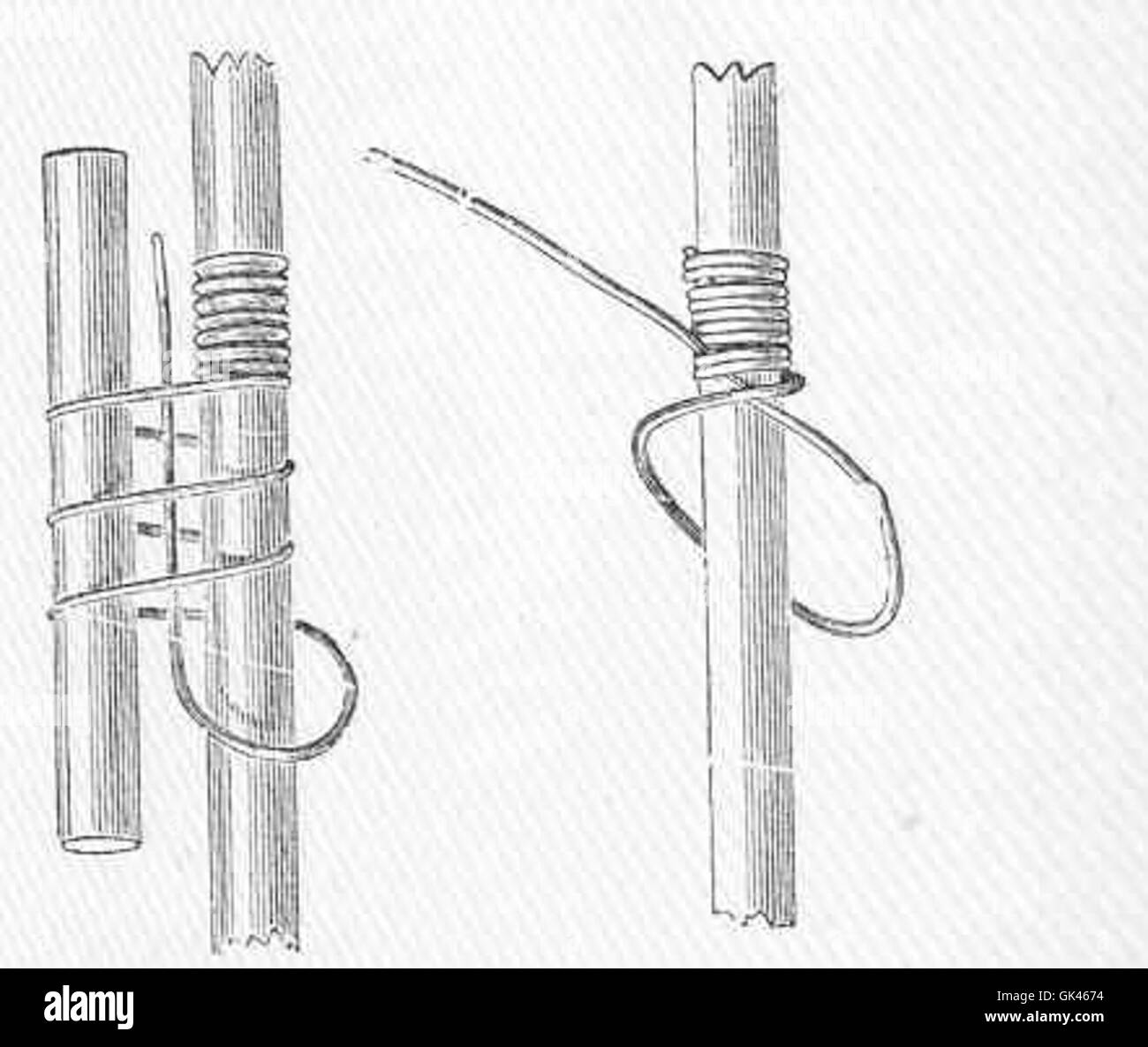 Ein Knoten, der verwendet wird, um das Spleißen von Ruten zu beenden, oft im Zusammenhang mit Fischerei oder nautischen Anwendungen. Dieser Knoten gewährleistet die sichere Verbindung von Materialien für den dauerhaften Einsatz in Geräten oder Werkzeugen. Stockfoto
