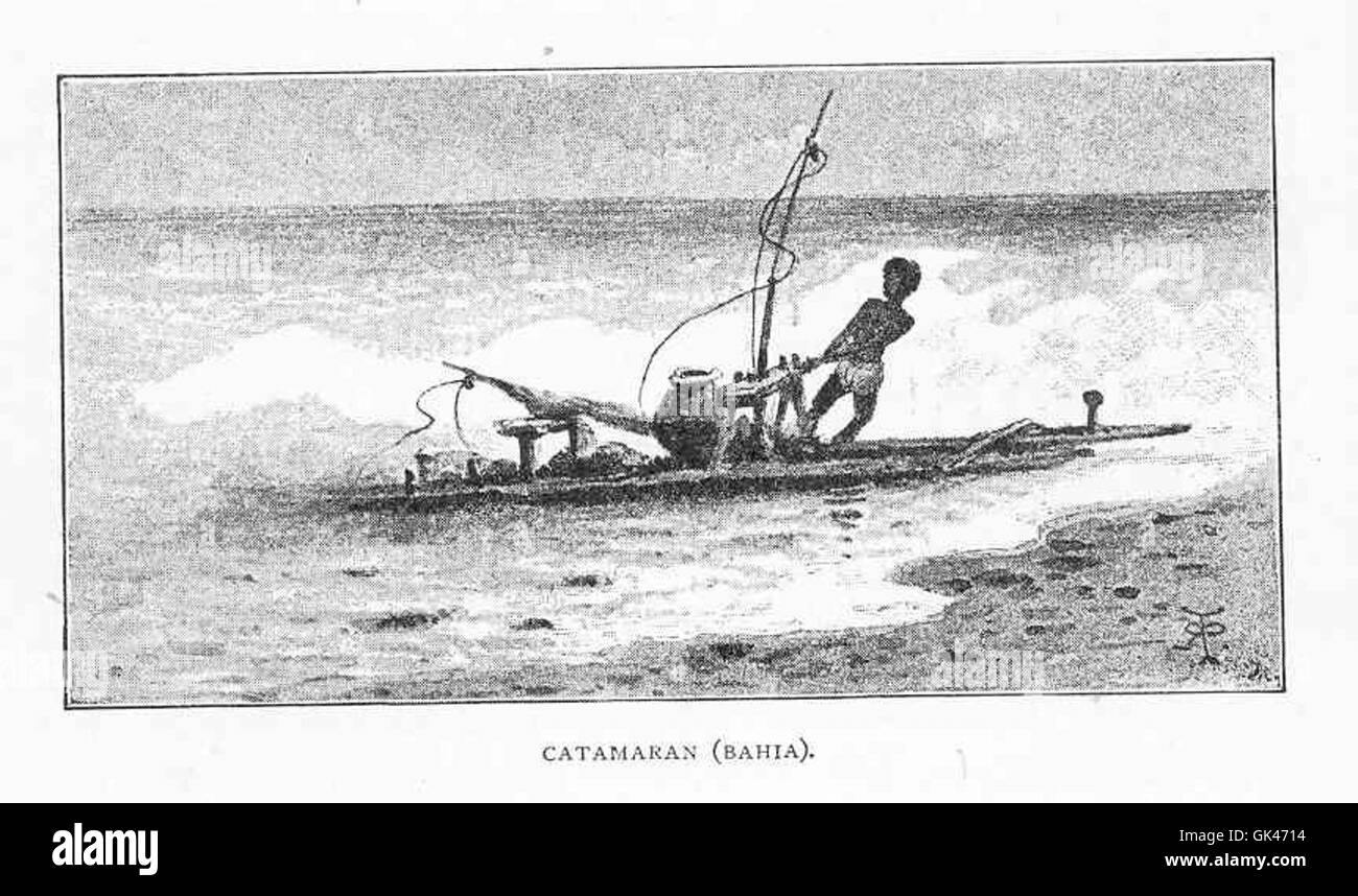 Dieses Bild zeigt einen Katamaran in Bahia, Brasilien, ein beliebter Typ von Mehrrumpfbooten, der für seine Stabilität und Geschwindigkeit bekannt ist. Katamarane werden häufig für Freizeitsegeln, Tourismus und Transport in Küstenregionen verwendet, da sie effizient und in der Lage sind, verschiedene Wasserbedingungen zu bewältigen. Stockfoto