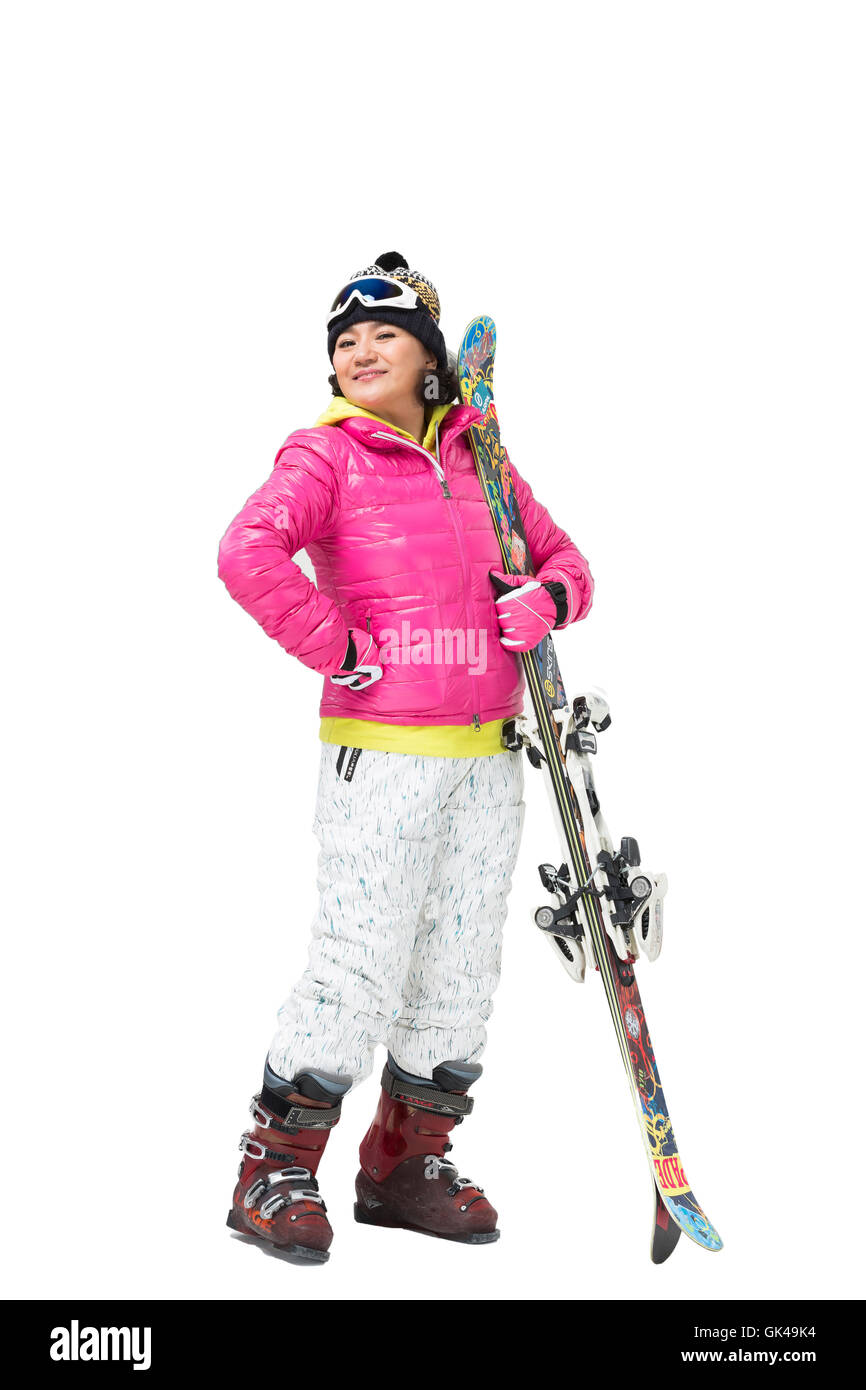 Happy Winter Skifahren bei älteren Menschen Stockfoto