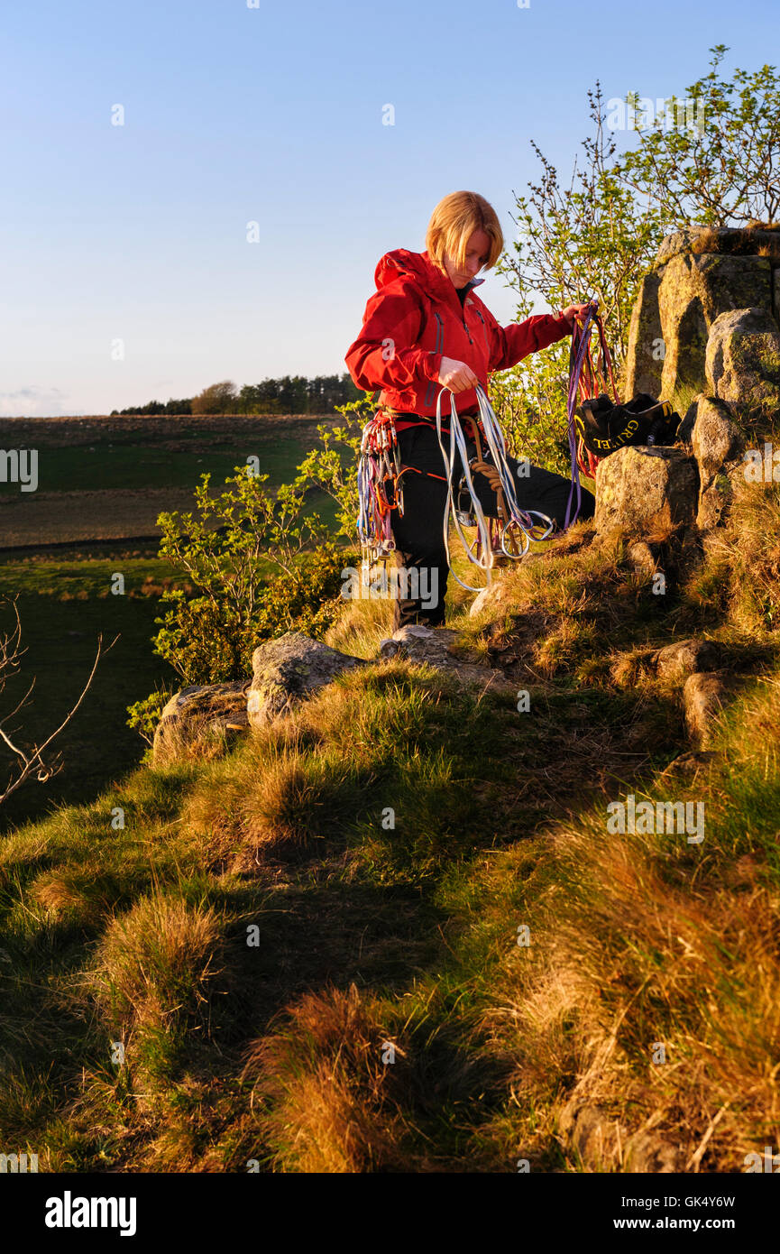 Kletterer am Ende einer Route Stockfoto