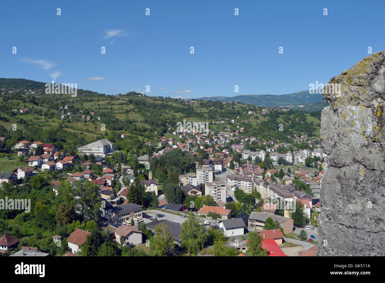 Panoramablick vom alten Schloss in Jajce, Bosnien und Herzegowina Stockfoto