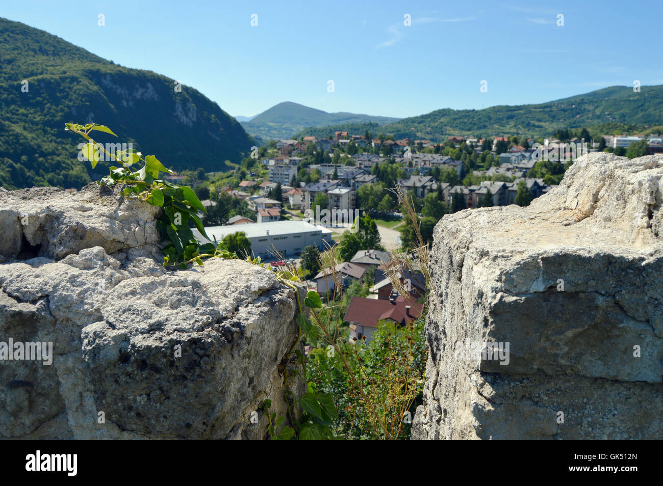 Panoramablick vom alten Schloss in Jajce, Bosnien und Herzegowina Stockfoto