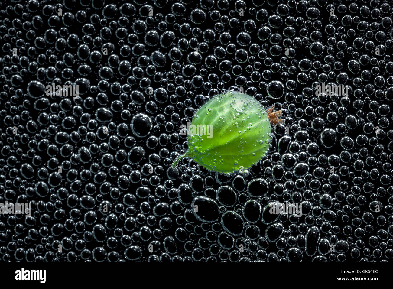 Stachelbeeren Früchte in Mineralwasser, eine Reihe von Fotos. Close-up kohlensäurehaltiges Wasser vor schwarzem Hintergrund Stockfoto