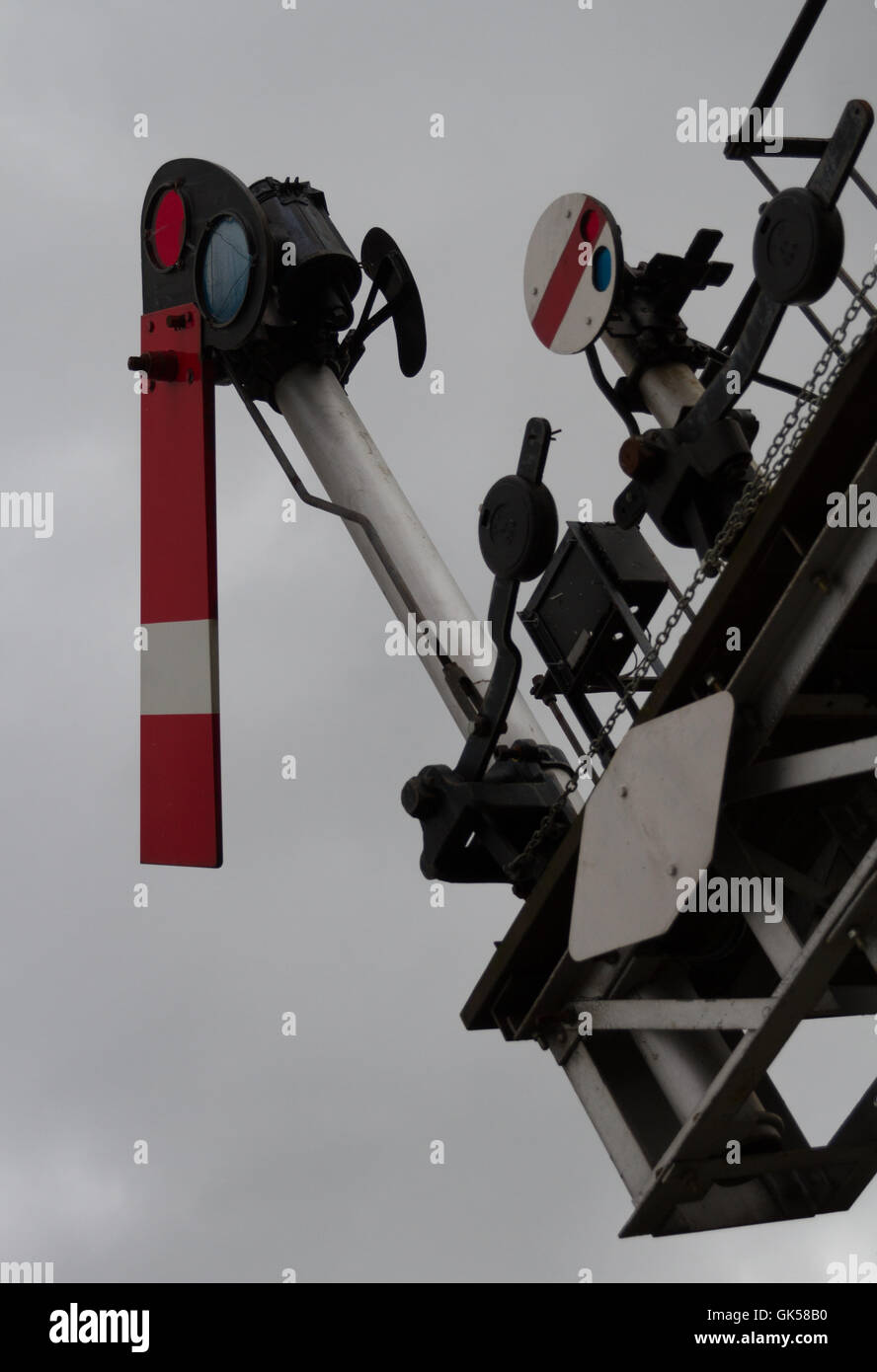 Signalisierung, die Linie ist klar, ein Formsignal in der aus- oder klare Position in Oswestry Station, Cambrian Museumsbahnen Stockfoto