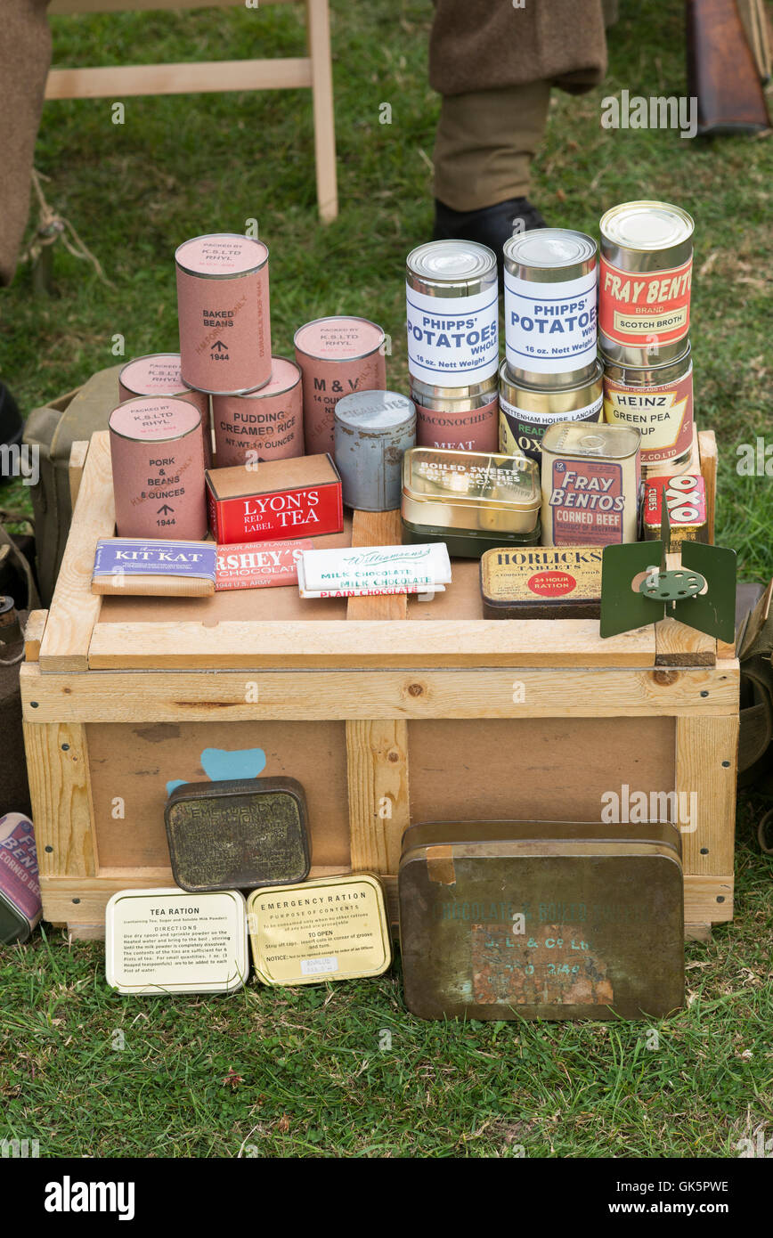 WW2 britische Armee Rationen auf eine lebendige Geschichte Reenactment. Spetchley Park, Worcestershire, England Stockfoto