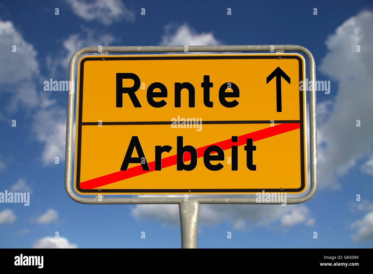Deutsche Ortsschild Arbeit Rente Stockfoto