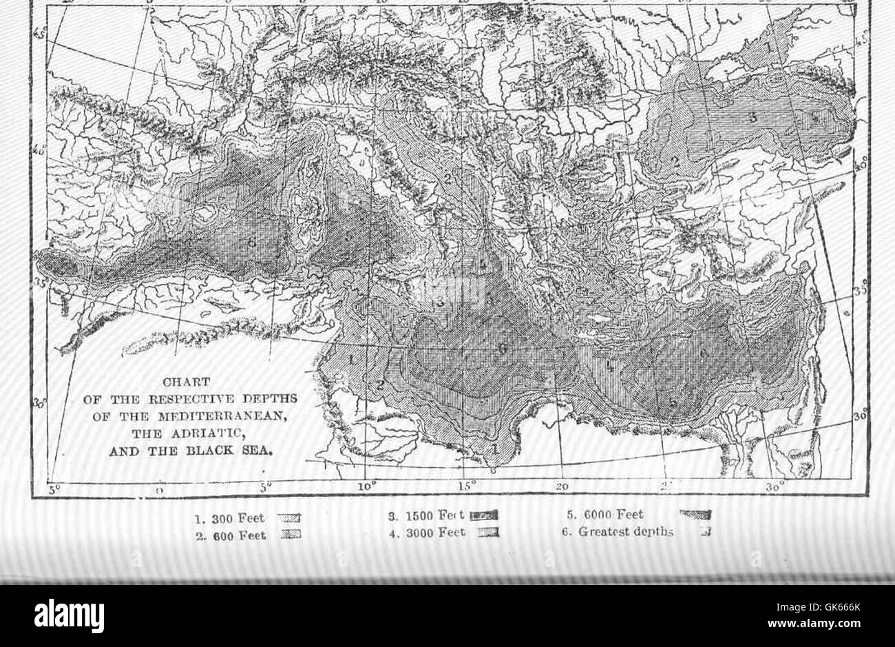 49947 Diagramm der jeweiligen Tiefe von Mittelmeer, der Adria und dem Schwarzen Meer Stockfoto