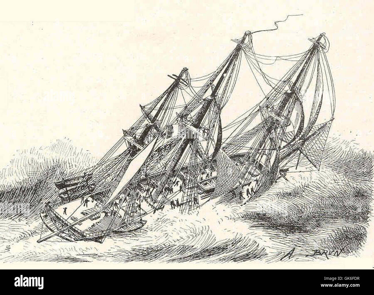 Fregate au Plus Pres Babord Amures, ein französisches Marineschiff, ist hier aus nächster Nähe mit seiner Hafenseite (Babord) deutlich sichtbar dargestellt. Das Schiff ist wahrscheinlich an Marineübungen oder -Operationen beteiligt. Stockfoto