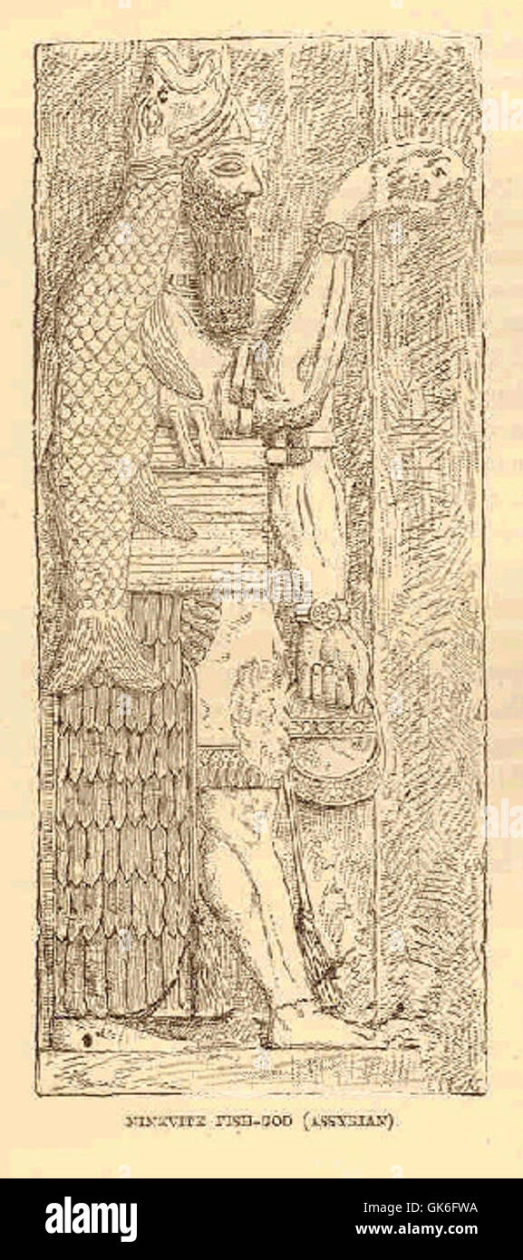 Der ninivenitische Fischgott ist eine antike assyrische Gottheit, dargestellt als Mensch mit dem Kopf eines Fisches. Es symbolisiert Fruchtbarkeit und wasserbezogene Kräfte und spielt eine bedeutende Rolle in der assyrischen Mythologie und Religion. Stockfoto