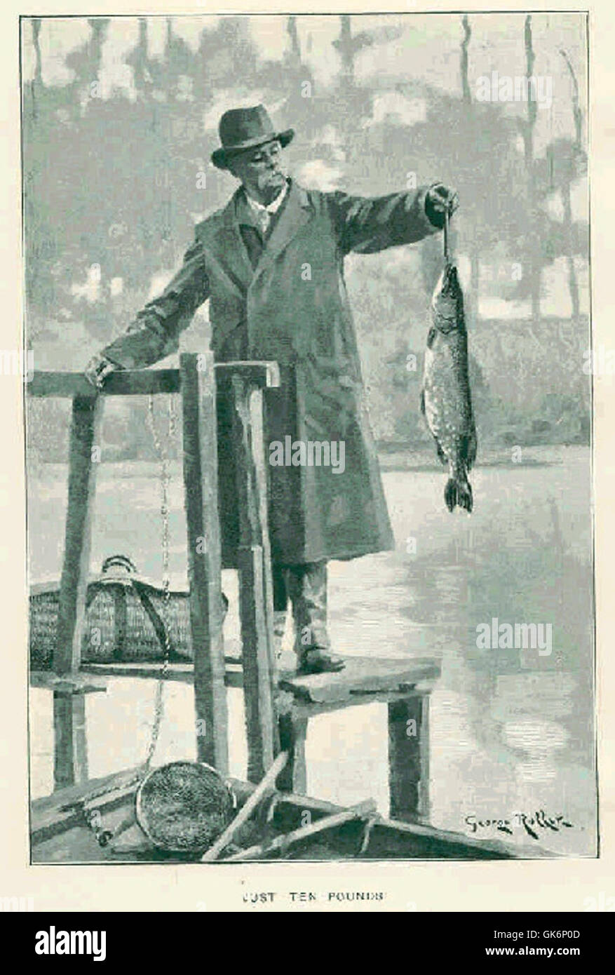 Ein einfacher Verweis auf ein Gewicht von zehn Pfund, das sich möglicherweise auf einen gefangenen Fisch oder eine verkaufte Ware bezieht, der in historischen oder Marktkontexten verwendet wird, um kleine bis mittlere Fänge oder Transaktionen anzugeben. Stockfoto