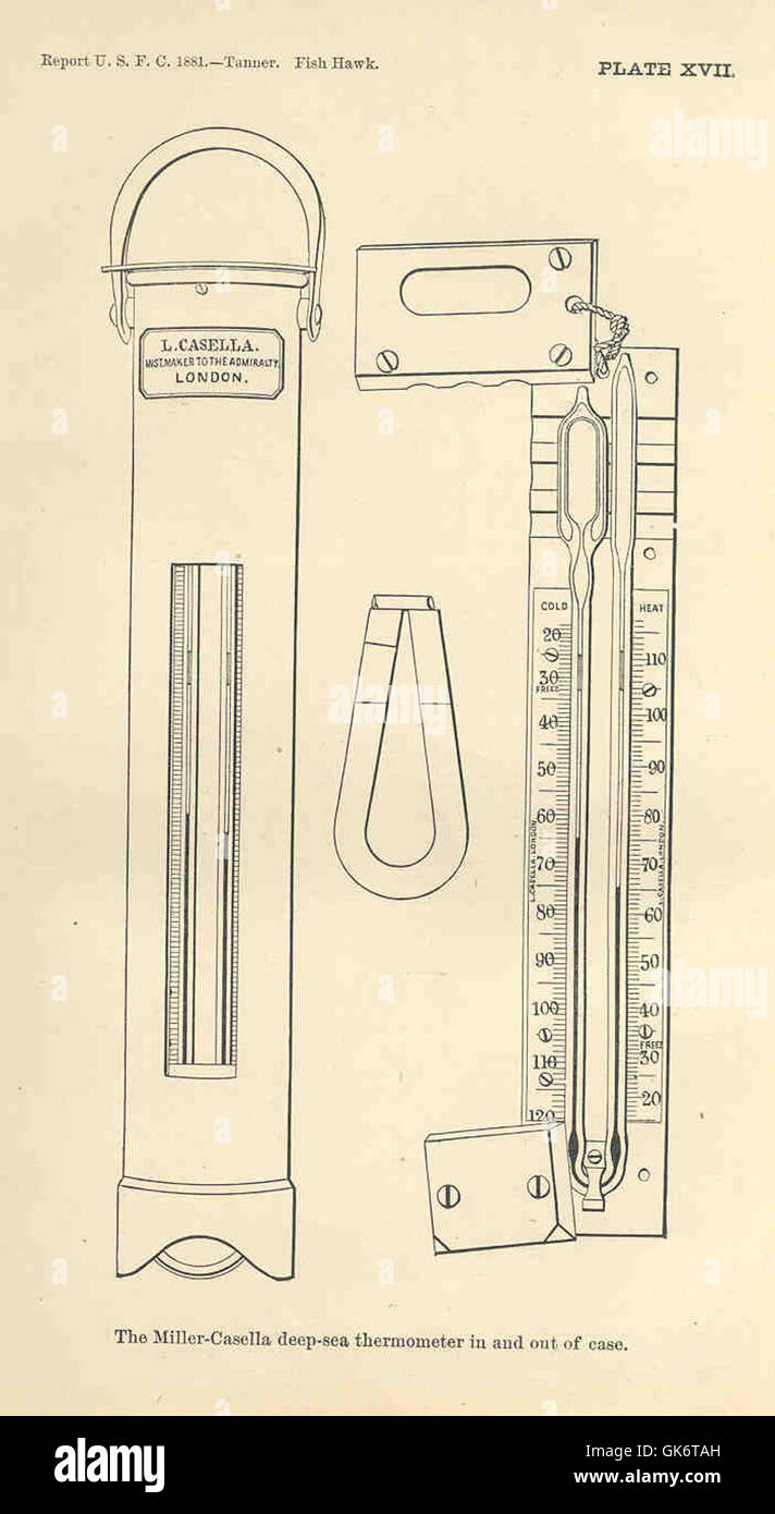 Diese antike Illustration des Miller-Casella Tiefsee-Thermometers im Buch „Fish Hawk“ spiegelt wissenschaftliche Fortschritte des frühen 20. Jahrhunderts in der Ozeanographie wider und zeigt Design und Funktion des Thermometers. Stockfoto