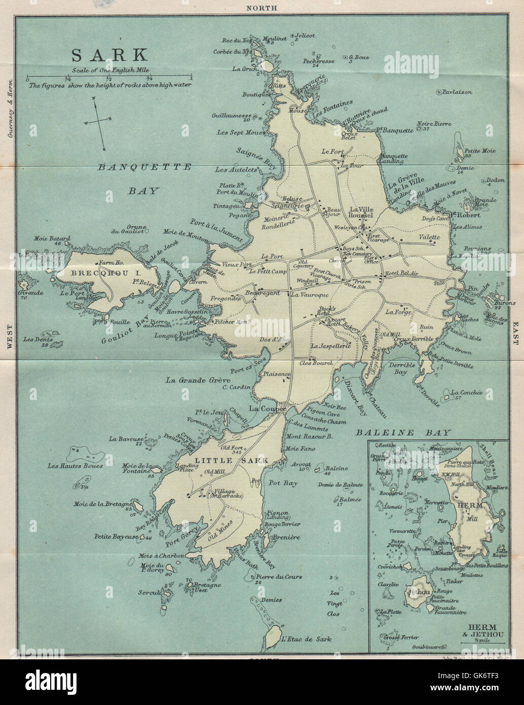 Die Insel SARK. Herm & Jethou. Kanalinseln, 1913 Antike Landkarte Stockfoto