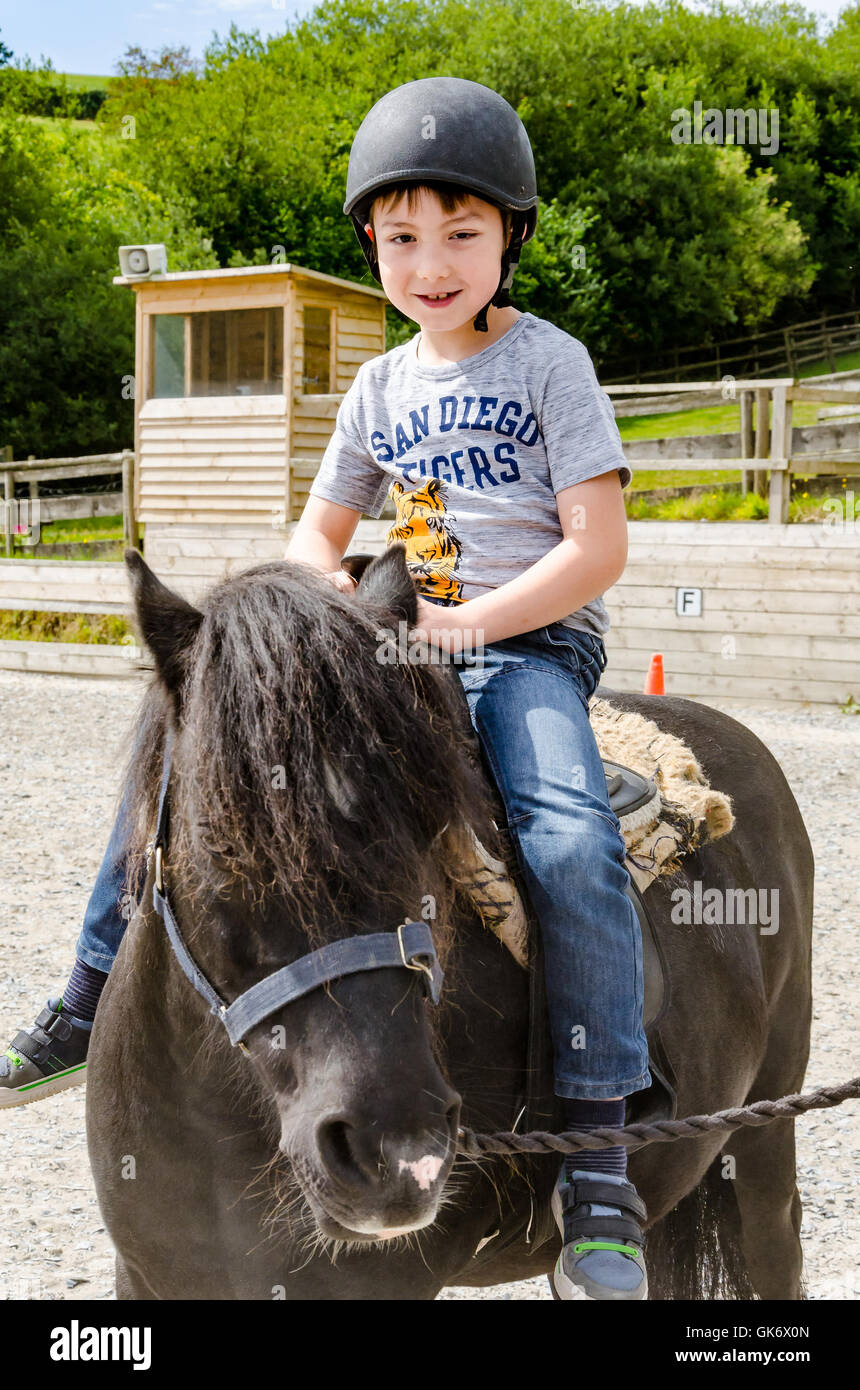 Ein kleiner Junge hatte eine Fahrt auf einem Pony. Stockfoto