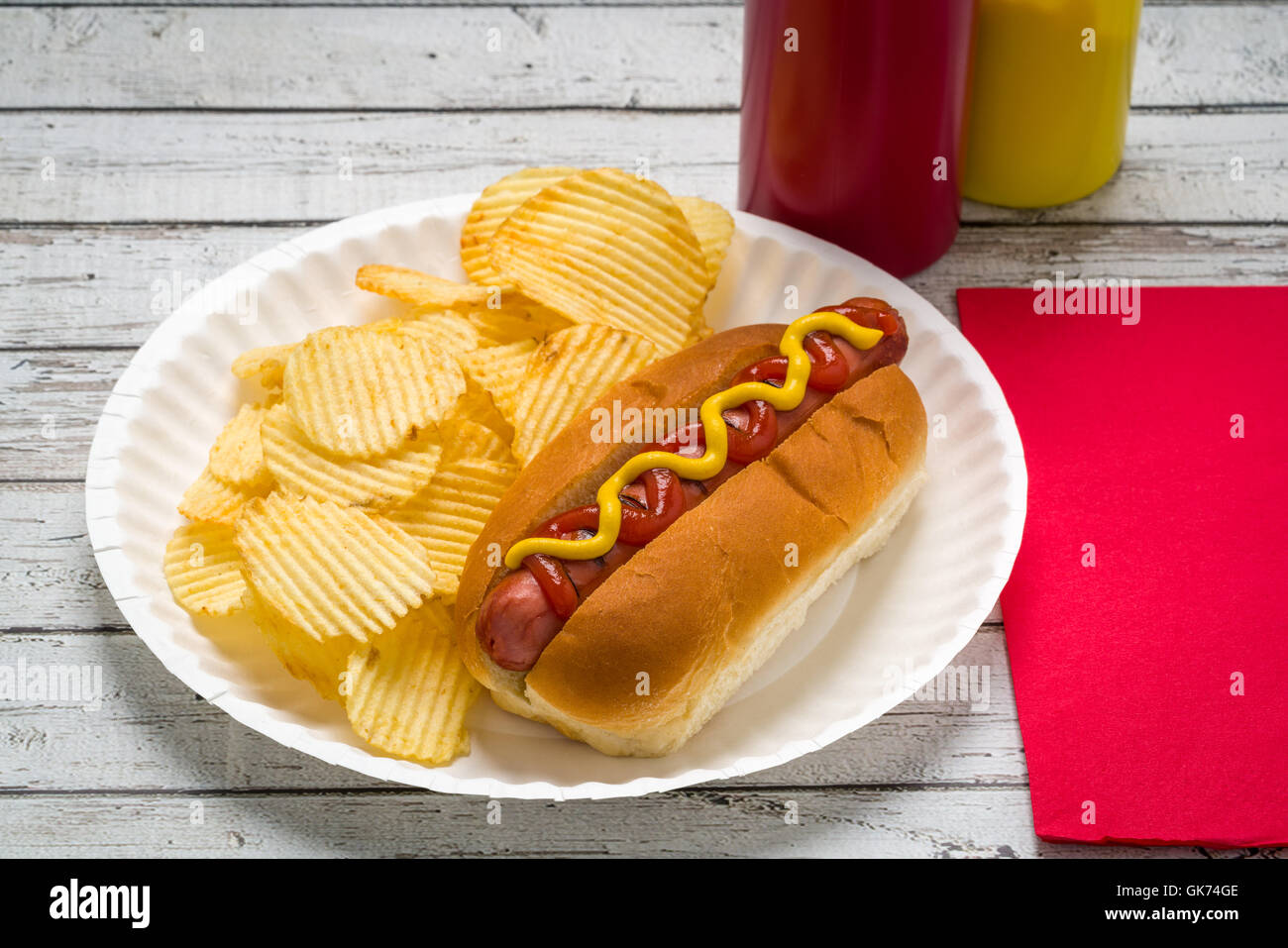 Amerikanischen Picknick draußen, ein Hot-Dog-Kartoffel-Chips auf einen Pappteller auf einem weißen Wetter Tisch Grillen. Stockfoto