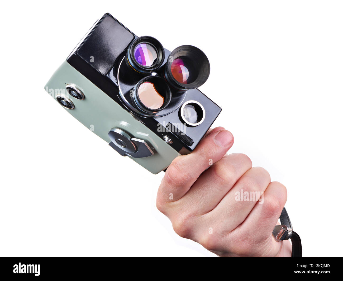 Retro-mechanische Hobbys-Film-Kamera in den Händen des Betreibers isoliert weiß Stockfoto