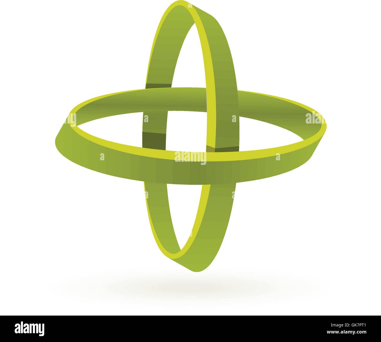 Isolierte grüne Farbe Kreuz Vektor-Logo. Abstrakte Kreise auf dem weißen Hintergrund. Geometrische Elemente. Bewegung der Atome. Stock Vektor