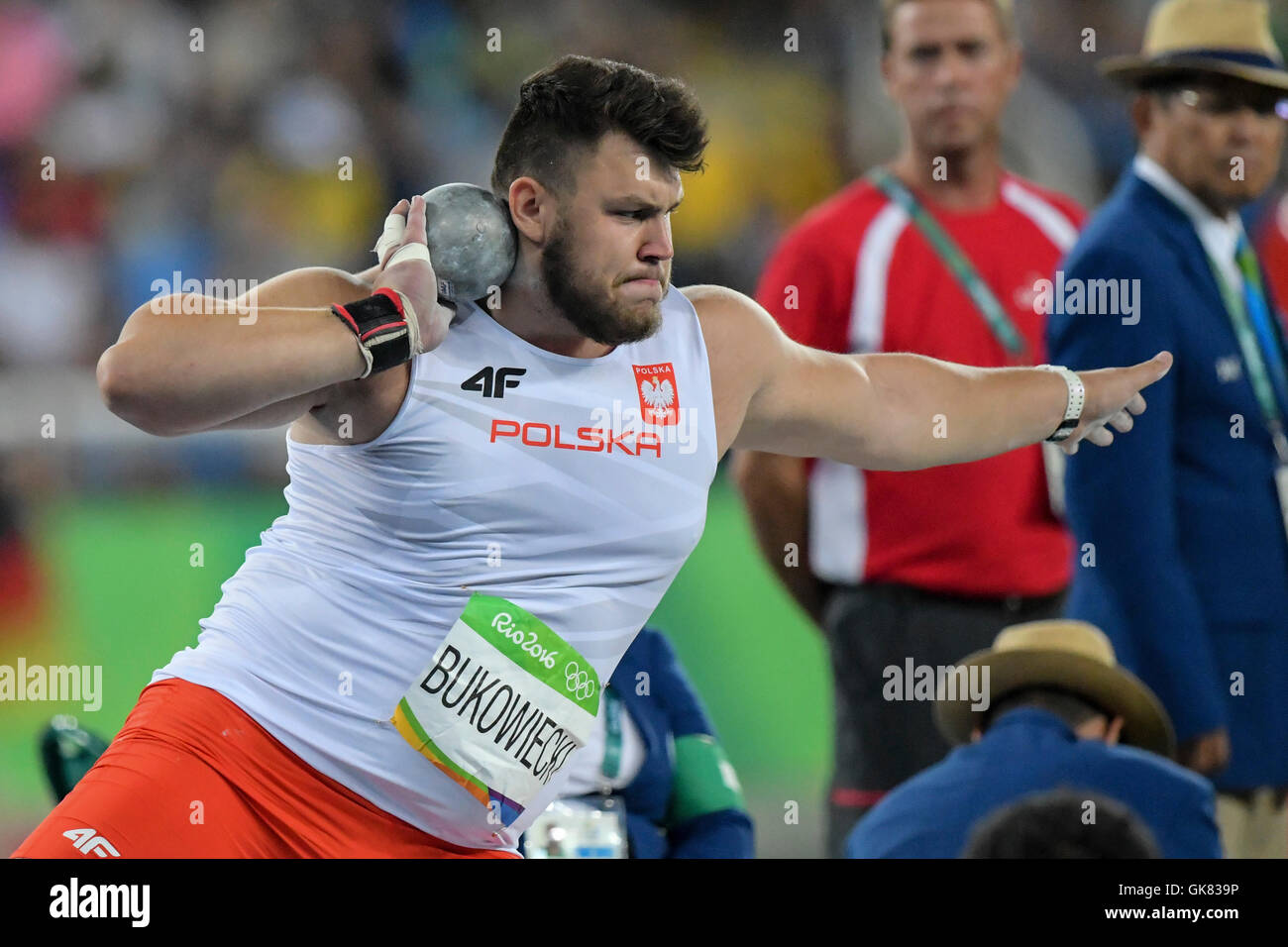 RIO DE JANEIRO, RJ - 18.08.2016: Leichtathletik RIO 2016 OLYMPICS - Konrad Bukowiecki (POL) am Ende des Kugelstoßen in der Leichtathletik Rio 2016 Olympics testen in das Olympiastadion (Länderspiel) statt. NICHT verfügbar für die Lizenzierung IN CHINA (Foto: Celso Pupo/Fotoarena) Stockfoto