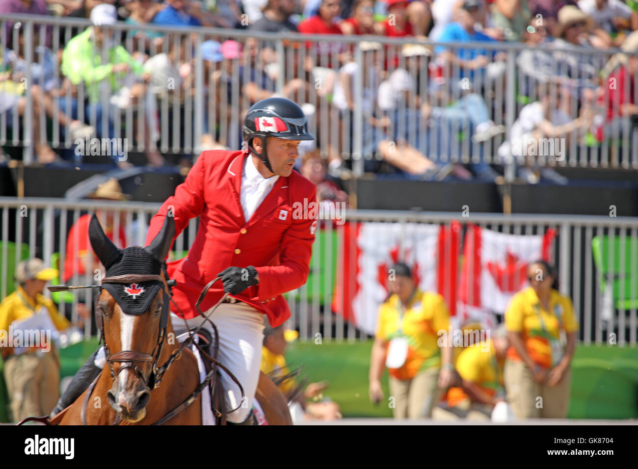 Rio de Janeiro, Brasilien. 19th. August 2016. Der Kanadier Eric Lamaze über Fine Lady 5 beim Springfinale der Reitturnier in Rio de Janeiro, Brasilien Stockfoto