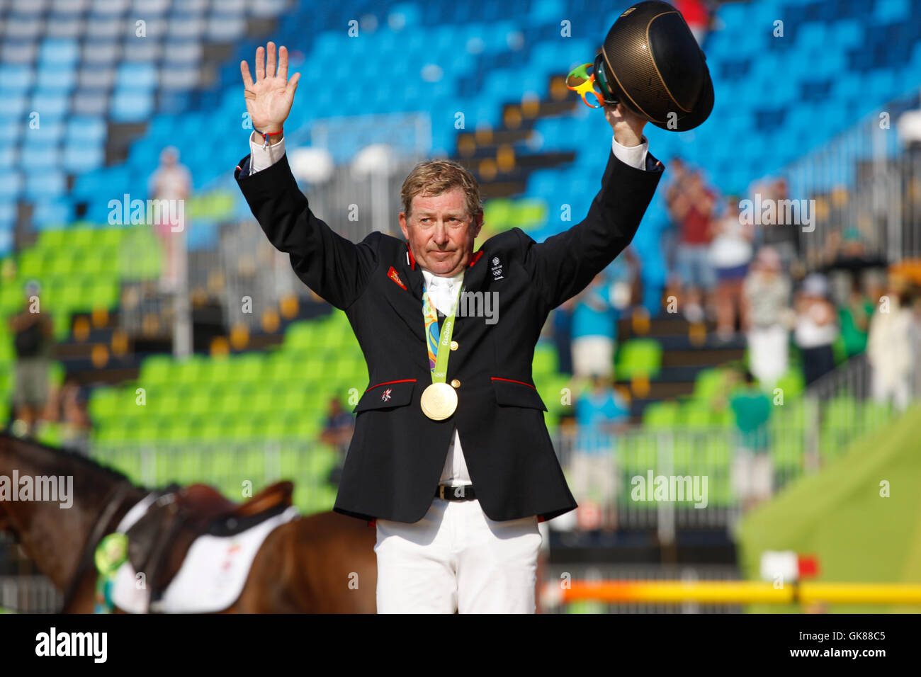 Rio de Janeiro, Brasilien. 19th. August 2016. Nick Skelton und „Big Star“ Olympic Equestrian Show Jumping Gold Medal Winner Rio de Janeiro, Brasilien Stockfoto