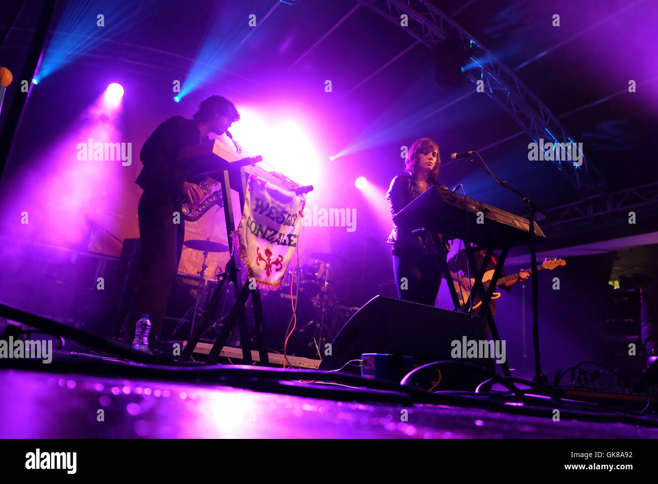 Grüner Mann Festival, Wales, UK August 2016.   Die Wesley Gonzales-Band spielen live im Bereich "Walled Garden" Green Man Festival. Mehr als 25.000 Musikfans werden voraussichtlich über das Wochenende zu besuchen. Stockfoto