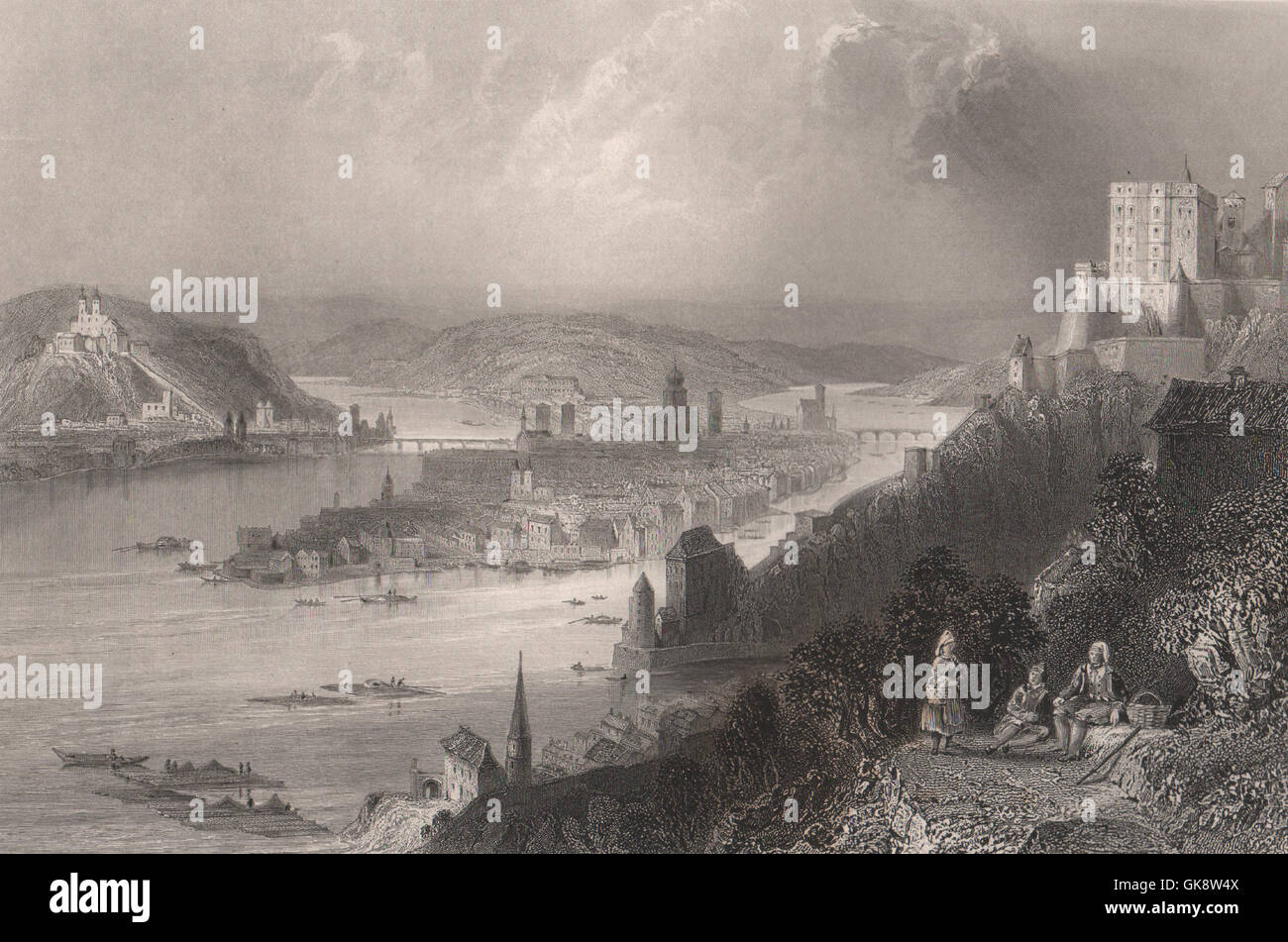 Zusammenfluss von Inn & Donau bei Passau, Bayern. Donau. BARTLETT, 1840 Stockfoto