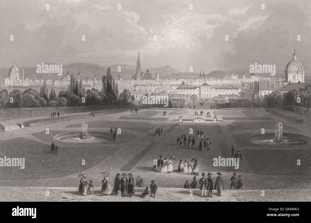 Wien vom Belvedere Schlossgarten Gärten, Österreich. Wien Danube Donau, 1840 Stockfoto