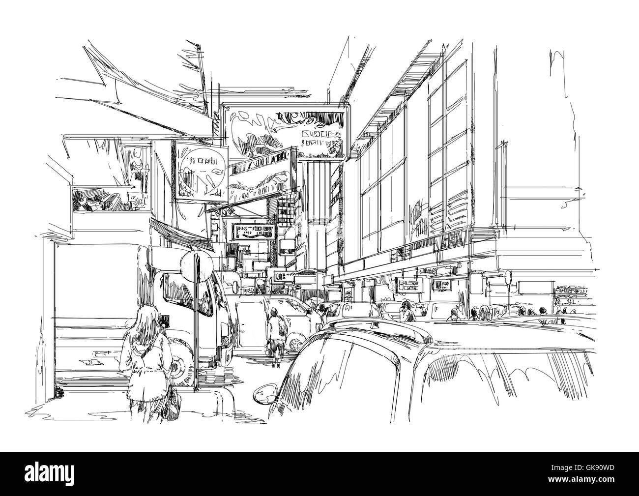 die Hand gezeichnete Skizze des modernen Stadtbild, städtische Straße, Illustration. Stockfoto