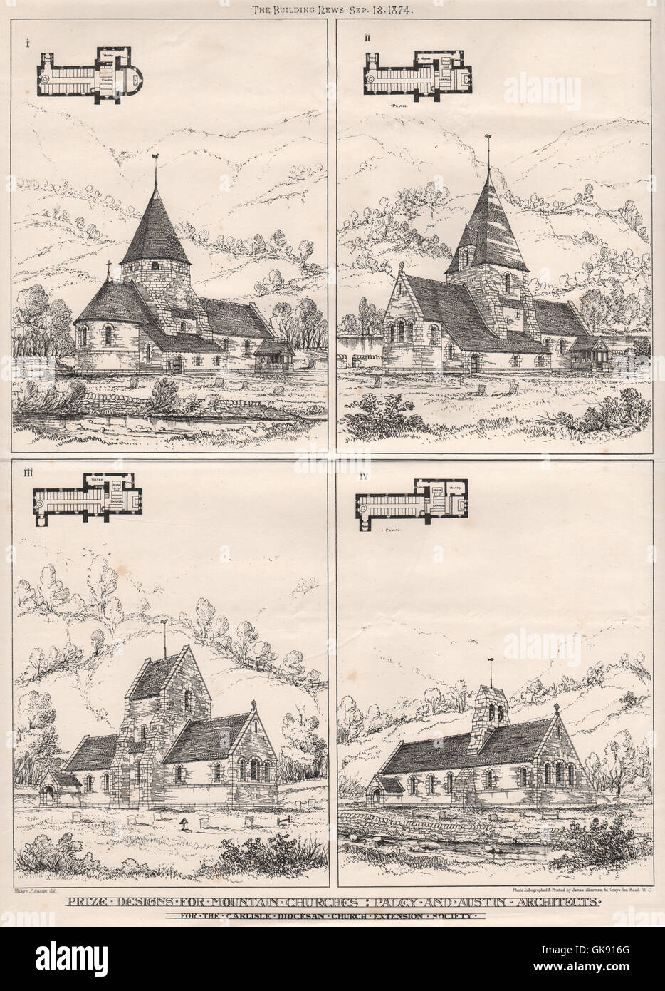 Entwürfe von Paley & Austin für Carlisle diözesanen Kirche Erweiterung Gesellschaft, 1874 Stockfoto