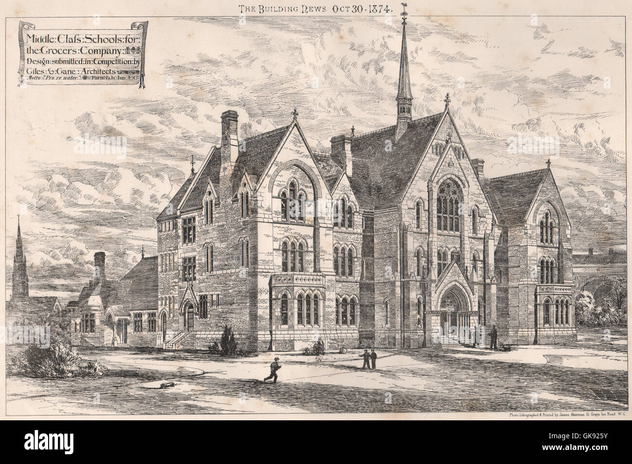 Mittelklasse-Schulen für die Lebensmittelhändler Unternehmen; Design Giles & Gane Archts, 1874 Stockfoto