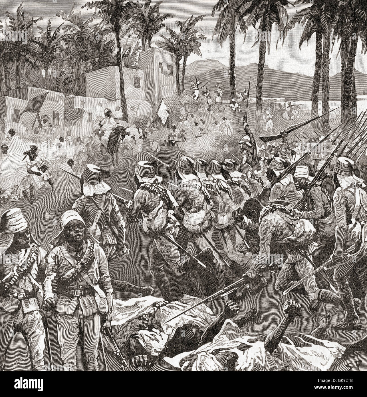 Anglo-ägyptischen Truppen stürmen das Dorf Ferkeh an der Schlacht von Ferkeh oder Firket, 7. Juni 1896, während des Krieges liegen. Stockfoto