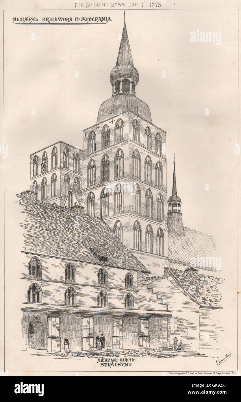 Mittelalterliche Mauerwerk in Pommern; Nicholai Rirche Stralsund, alten Drucken 1875 Stockfoto