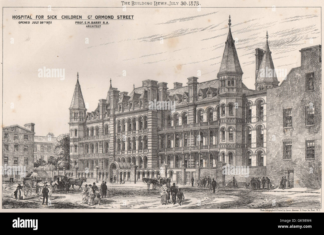 Hospital for Sick Children, Great Ormond Street; E.m. Barry, alten Drucken 1875 Stockfoto