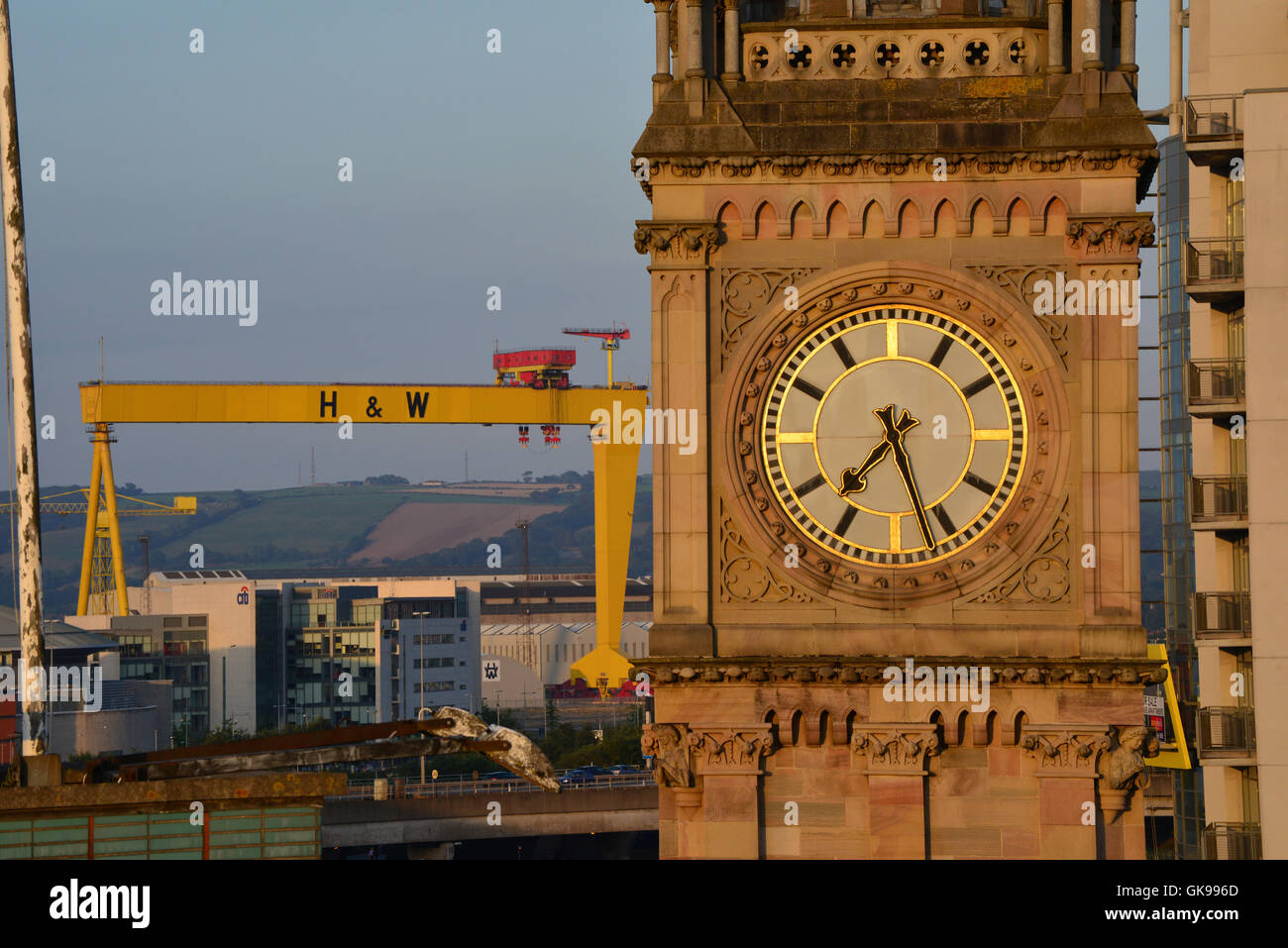 Die Albert Memorial Clock am Queens Square, Belfast mit Harland und Wolffs Kran Stockfoto