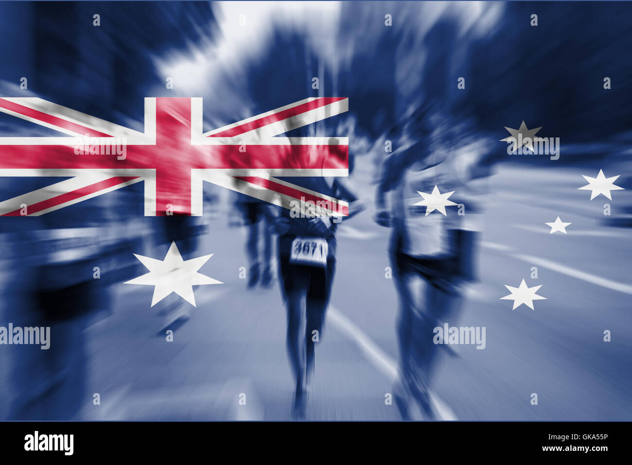 Marathon Läufer Bewegungsunschärfe mit blending Australien Flagge Stockfoto
