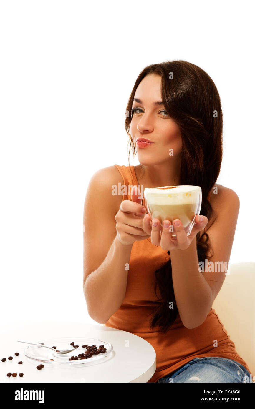 schlaue Mädchen Kaffee mit einer Tasse cappuccino Stockfoto