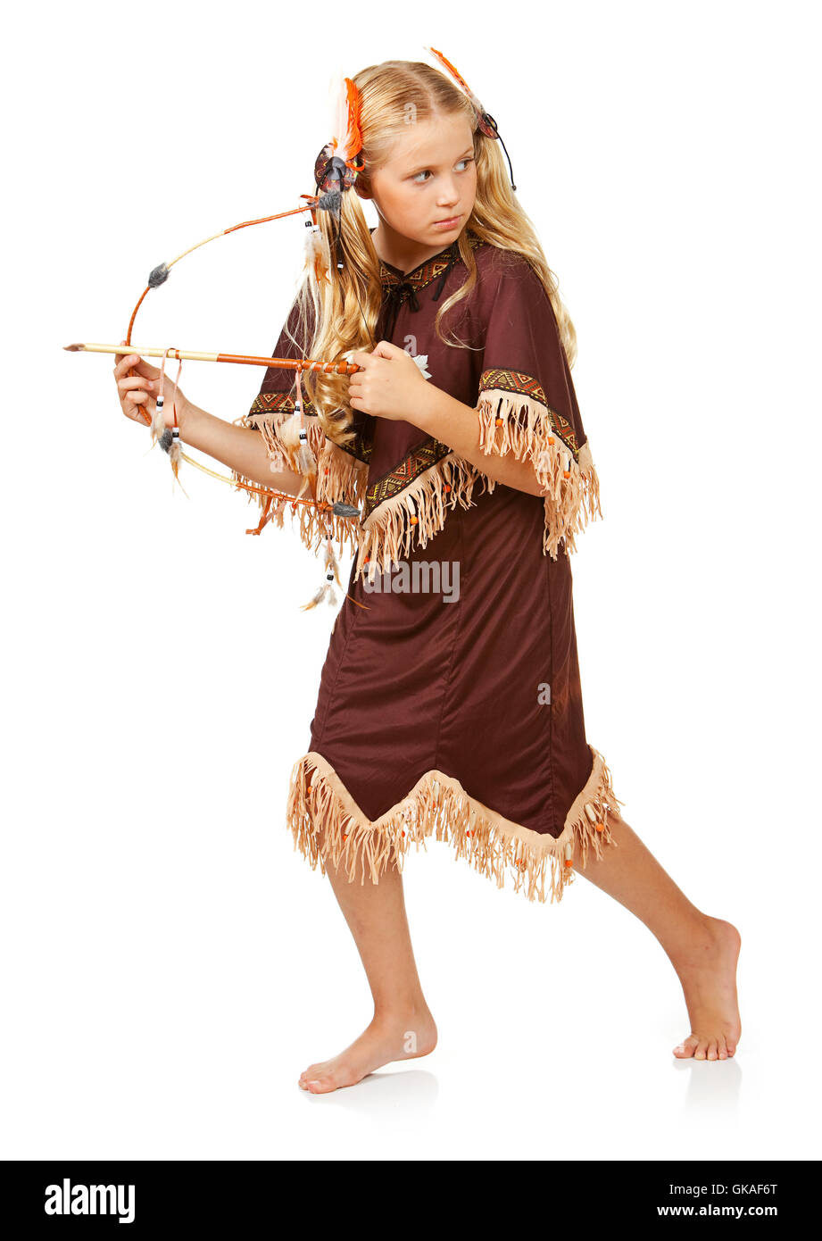Serie mit Kinder in Tracht gekleidet, dem amerikanischen Thanksgiving-Feiertag zu feiern.  Junge als Pigrim, Mädchen als Indianer. Stockfoto