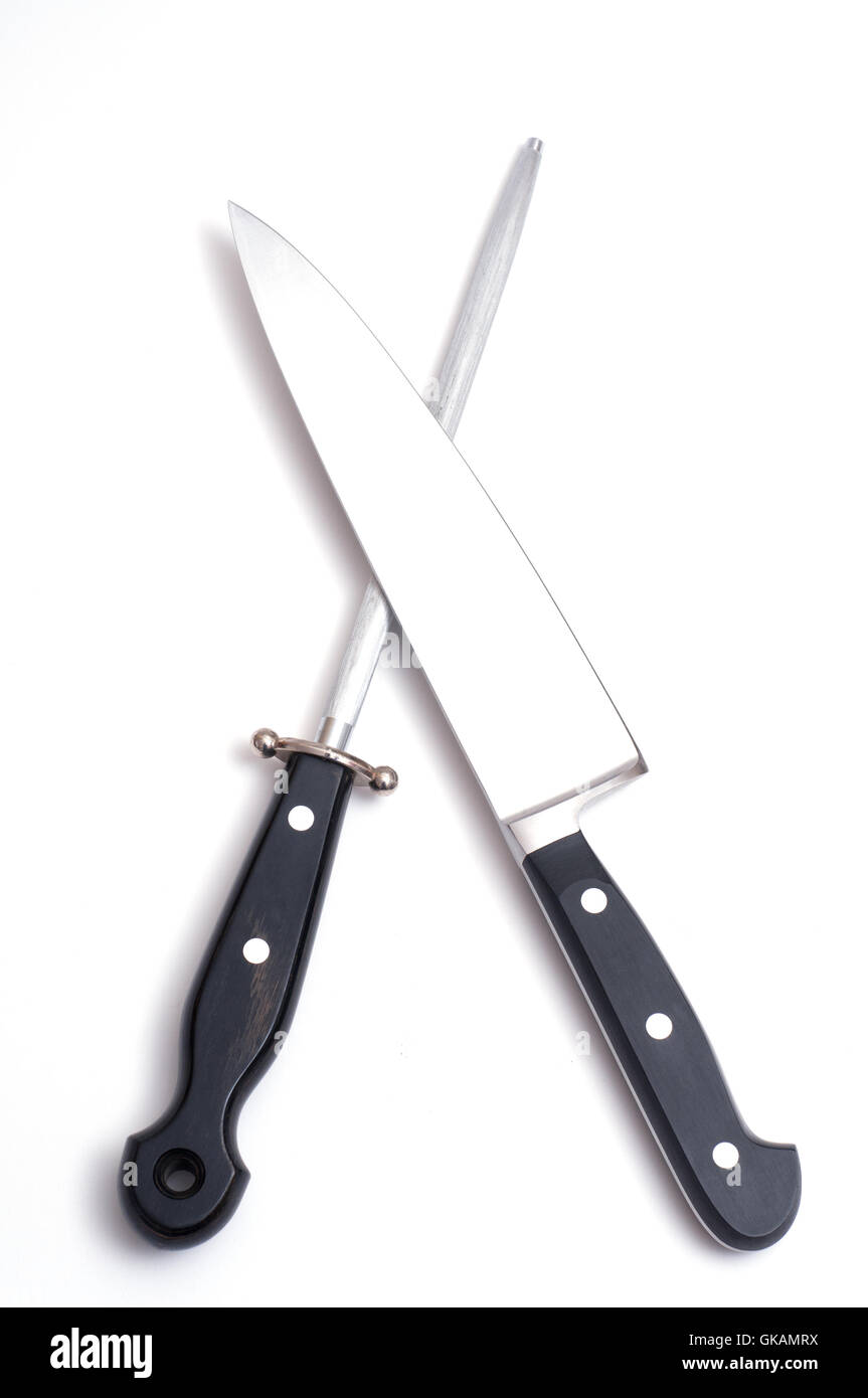 Küchenmesser und Wetzstahl Stockfoto