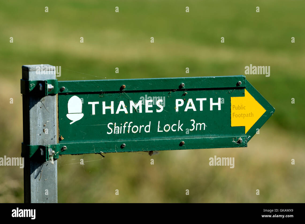 Thames Path Zeichen an der Kaulquappe Brücke, Oxfordshire, England, UK Stockfoto