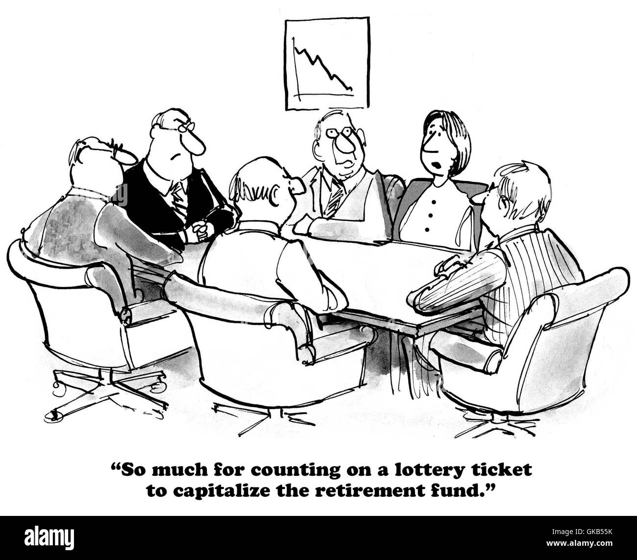 Business-Cartoon über eine unter aktivierte Rentenfonds. Stockfoto