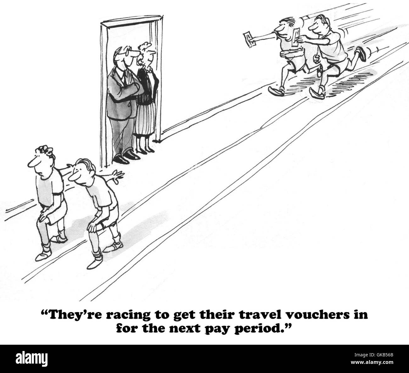 Geschäftliche Cartoon über die Firma zahlen Arbeitnehmer Reisegutschein, Spesenabrechnungen. Stockfoto