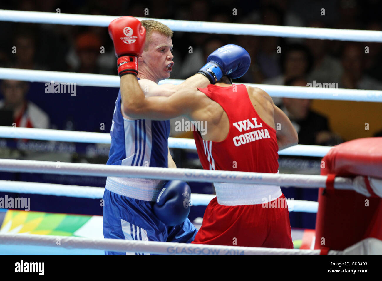 Joseph Cordina, Wales (rot) V Charlie FLYNN, der Männer Leichtgewichtler (60kg) Halbfinale in SECC, Commonwealth-Spiele 2014, Glasgow Schottland (blau). Charlie FLYNN gewann den Kampf. Stockfoto